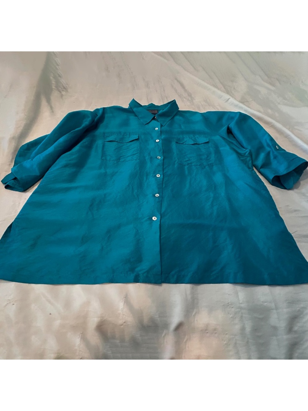 BLOUSE, PURE SILK, TEAL, SIZE 26W, BUTTON FRONT, LONG TIE UP SLEEVES, SIDE SLITS
